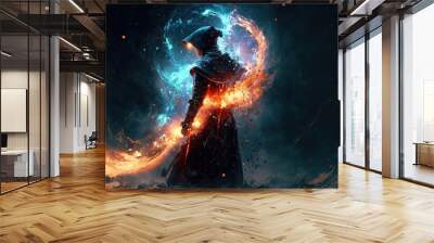 Battlemage in fantasy setting, powerful spell casting by sorcerer wearing mystical medieval outfit for game character design in epic lighting fire ball. Magical warrior concept. Superb Generative AI. Wall mural