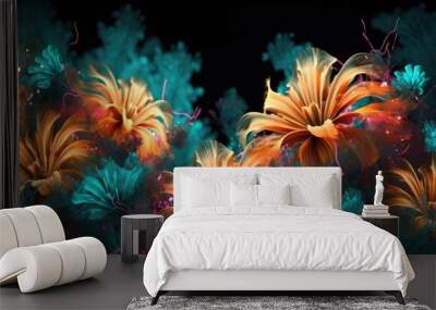 Beautiful abstract coral, turquoise, and yellow night photo floral design background banner. beautiful Generative AI AIG32 Wall mural