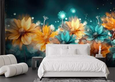 Beautiful abstract coral, turquoise, and yellow night photo floral design background banner. beautiful Generative AI AIG32 Wall mural