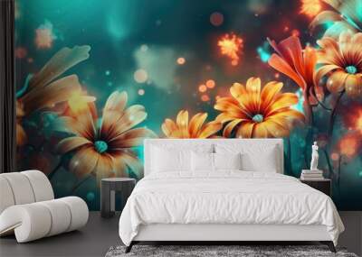 Beautiful abstract coral, turquoise, and yellow night photo floral design background banner. beautiful Generative AI AIG32 Wall mural