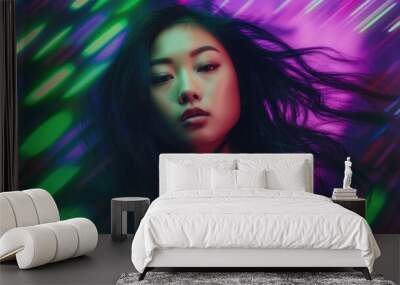 Beautiful model with colorful and trendy outfit with glowing purple green neon light, colorful dyed hair and fashionable asian glitch core teenager girl. Picturesque generative AI Wall mural