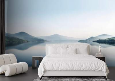 Beautiful mountain lake and natural environment in the morning background. Tranquil panoramic mountainous and nature lake shore scenery. Picturesque generative AI Wall mural