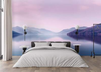 Beautiful mountain lake and natural environment in the morning background. Tranquil purple pink sunset mood lighting in panoramic mountainous and nature lake shore scenery. Picturesque generative AI Wall mural