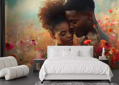 beautiful romance of lovers on valentines day in nature outdoors embracing with affection pragma . african american black people . Wall mural