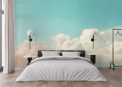 Beautiful sky on colorful gentle light day background. Sunny and fluffy clouds with pastel tone and idyllic teal agreen color backdrop. Picturesque generative ai Wall mural