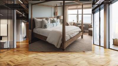 Bedroom decor, home interior design . Coastal Nautical style with Ocean View decorated with Wood and Rope material . Generative AI AIG26. Wall mural