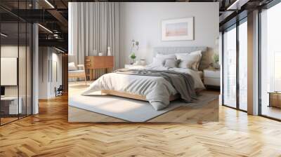 Bedroom decor, home interior design . Modern Minimal style with Bed decorated with Wood and Metal material . Generative AI AIG26. Wall mural