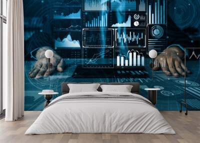 Big Data Technology for Business Finance Analytic Concept. Modern interface shows massive information of business sale report, profit chart and stock market trends analysis on screen monitor. uds Wall mural