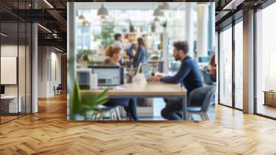 Blurred photo capturing the dynamic atmosphere of a modern open-plan office with people engaged in discussion and work. Resplendent. Wall mural