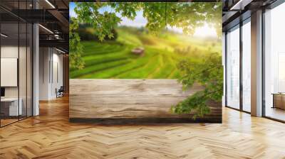 Brown wood table in summer farm green landscape with empty copy space on the table for product display mockup. Agriculture and outdoors picnic concept. Wall mural