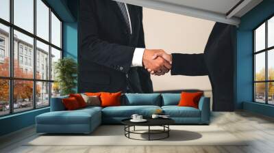 Business people agreement concept. Businessman and Asian businesswoman do handshake in the office. Wall mural