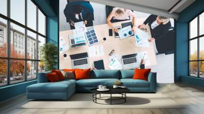 Business people group meeting shot from top view in office . Profession businesswomen, businessmen and office workers working in team conference with project planning document on meeting table . Wall mural