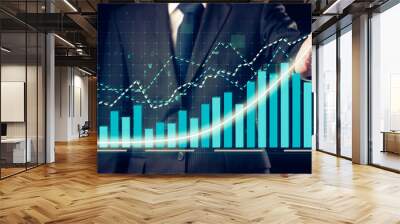 Businessman draw finance allusive graph chart showing business profit growth increasing to future target . Excellent financial status of corporate business rise up . Finance and money technology . Wall mural