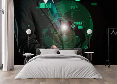 Businessman show hologram of global business communication allusive technology. Virtual augmented reality generated by 3D rendering motion graphic and animation to create futuristic HUD . Wall mural