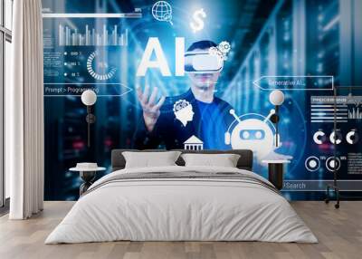 Businessman with headset standing at data center while using AI assistance. Project manager holding hologram and using augmented reality goggles and AI chat for planning marketing strategy. Ingenuity. Wall mural