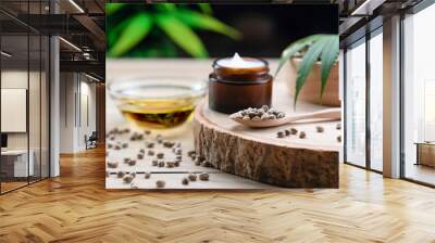 Cannabis and cosmetic concept features with set of CBD oil bottles, cream jar, and wooden bowl of hemp seeds. Legalized cannabis for skincare products. Wall mural