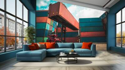 Cargo container for overseas shipping in shipyard with heavy machine . Logistics supply chain management and international goods export concept . Wall mural