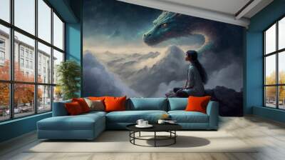 Chinese girl sitting on top of mountain above the cloud with her dragon against night sky with beautiful cloudscape in background. A fantasy night sky and dragon girl artwork. Superb Generative AI. Wall mural