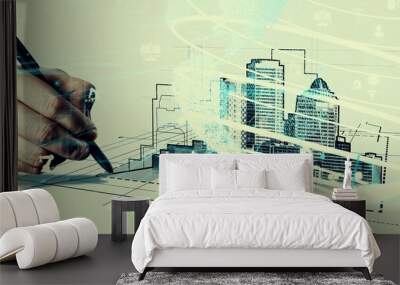 City civil planning and inventive real estate development . Architect people looking at abstract city sketch drawing to design creative future city building. Architecture dream and ambition concept. Wall mural