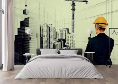 City civil planning and inventive real estate development . Architect people looking at abstract city sketch drawing to design creative future city building. Architecture dream and ambition concept. Wall mural