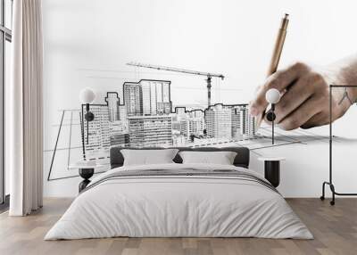 City civil planning and real estate development - Architect people looking at abstract city sketch drawing to design creative future city building. Architecture dream and ambition concept. Wall mural