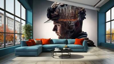 Civil engineer portrait as concept for building construct by professional with hardhat helmet engineer with wondrous double exposure of cityscape, urban with background of skyscraper by generative AI Wall mural