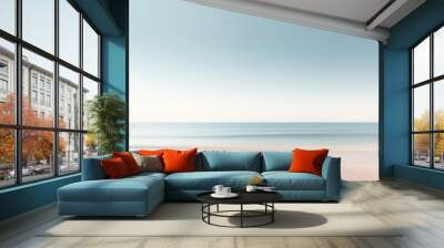 Clear blue sky sunset with glowing orange teal color horizon on calm ocean seascape background. Picturesque Wall mural