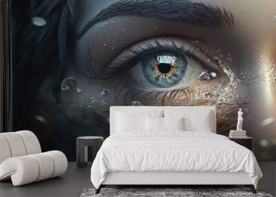 Close up woman eyes at the water surface. superlative generative AI image. Wall mural