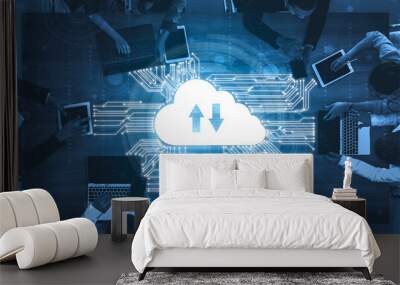 Cloud computing technology and online data storage for business network concept. Computer connects to internet server service for cloud data transfer presented in 3D futuristic graphic interface. Wall mural