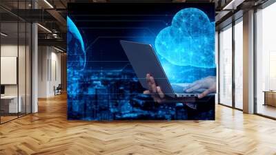 Cloud computing technology and online data storage for business network concept. Computer connects to internet server service for cloud data transfer presented in 3D futuristic graphic interface. Wall mural