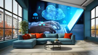 Cloud computing technology and online data storage for business network concept. Computer connects to internet server service for cloud data transfer presented in 3D futuristic graphic interface. Wall mural