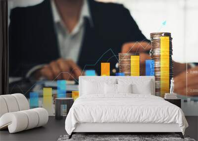 coin stack with digital graphic indicator symbolizing business investment and economic growth. busin Wall mural