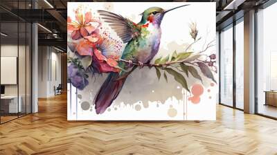 Colorful humming bird on stick tree with flower in watercolor design artistic. Concept of painting technique isolated on white background in canvas. Glorious generative AI. Wall mural