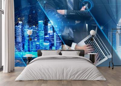 Communication technology , smart connection IOT and people network technology concept. People using connective device to connect to the secured internet network and cloud computing server vexel Wall mural