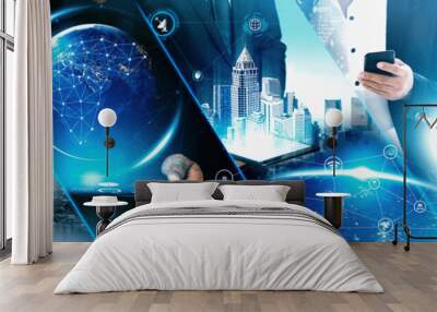 Communication technology , smart connection IOT and people network technology concept. People using connective device to connect to the secured internet network and cloud computing server vexel Wall mural