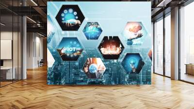 Communication technology , smart connection IOT and people network technology concept. People using connective device to connect to the secured internet network and cloud computing server vexel Wall mural