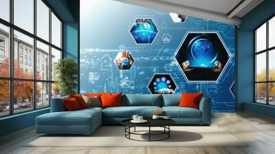 Communication technology , smart connection IOT and people network technology concept. People using connective device to connect to the secured internet network and cloud computing server vexel Wall mural