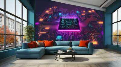 Computer microchip semiconductor on motherboard futuristic cyber neon lighting. Peculiar AI generative image. Wall mural