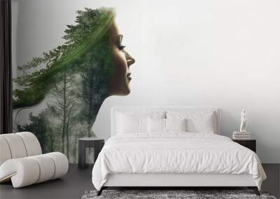 Concept of environment caring devotion, business sustainability and global warming protection shown by woman and green forest double exposure image Wall mural