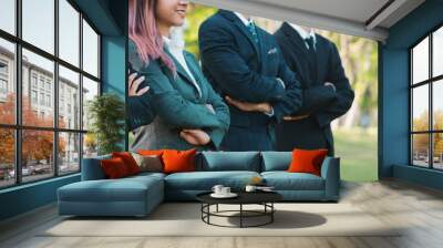 Confident business people poses outdoor in nature. Committed to corporate social responsible, reducing carbon footprint, protect environment, and embrace ESG principles for sustainable future. Gyre Wall mural