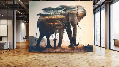 Contemporary abstract artwork double exposure of elephant and savannah of african jungle landscape design, concept of animal and natural wilderness adventure. Superb Generative AI. Wall mural