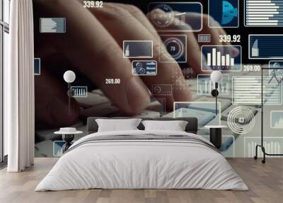 Creative visual of business big data and finance analysis on computer showing concept of statistical investment decision making methodology, fintech and financial engineering . Wall mural