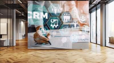 CRM Customer Relationship Management for business sales marketing system concept presented in futuristic graphic interface of service application to support CRM database analysis. uds Wall mural