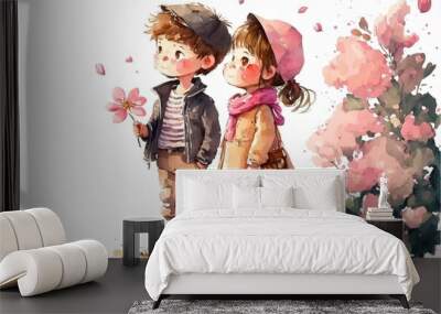 Cute boy and girl in love on romantic Valentine's day hand drawn cartoon style. Generative AI. Wall mural