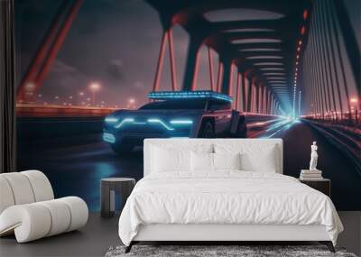 Cyber neon driving green power sport car with hybrid technology automotive. Concept of light glowing on dark city view in night life. Finest generative AI. Wall mural