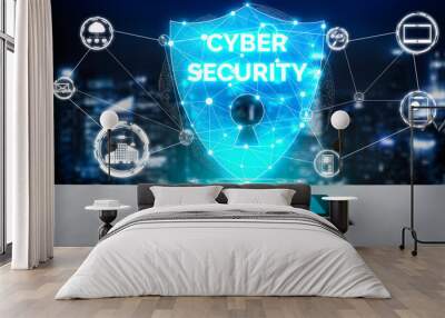 Cyber Security and Digital Data Protection Concept. Icon graphic interface showing secure firewall technology for online data access defense against hacker, virus and insecure information for privacy. Wall mural