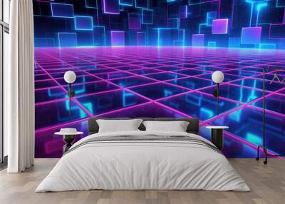 Cyberpunk neon light in retrowave geometric shape design, glowing light grid background for desktop wallpaper. Picturesque generative AI Wall mural