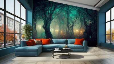 Dark scary forest cursed by witch spell spectacular 3D illustration for ghost and halloween black magic scene Wall mural