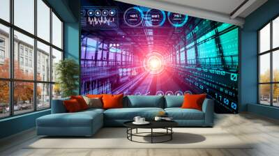 Data analytic concept with high speed motion digital transfer background showing fast big data processing development . Wall mural