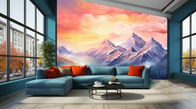 Digital painting of a mountainous landscape during a vibrant sunset. Image of blue mountain or hill painted with blue gradient watercolor contrast with orange and pink twilight sky from sunset. AIG35. Wall mural